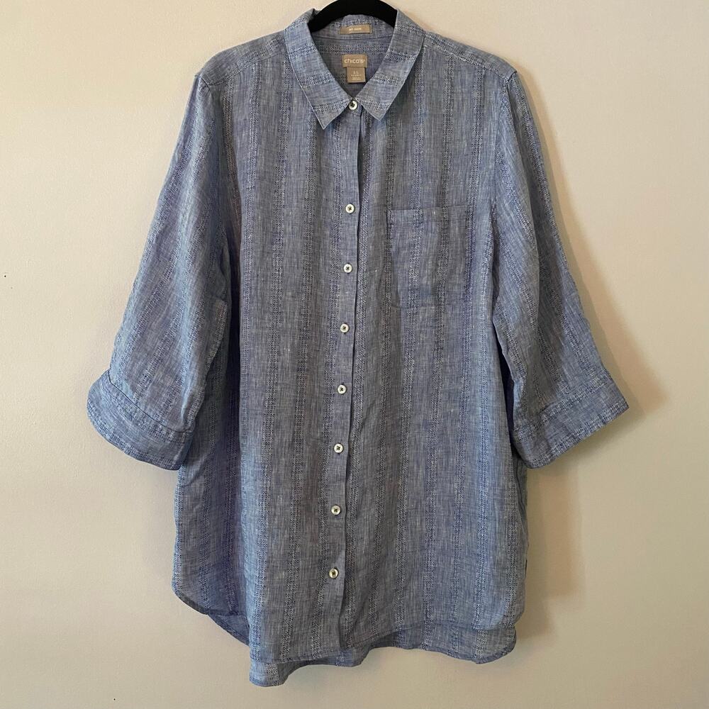 Chico's Blue No Iron Button Down 3/4 Sleeve Blouse 100% Linen Women's 3.5 / 18